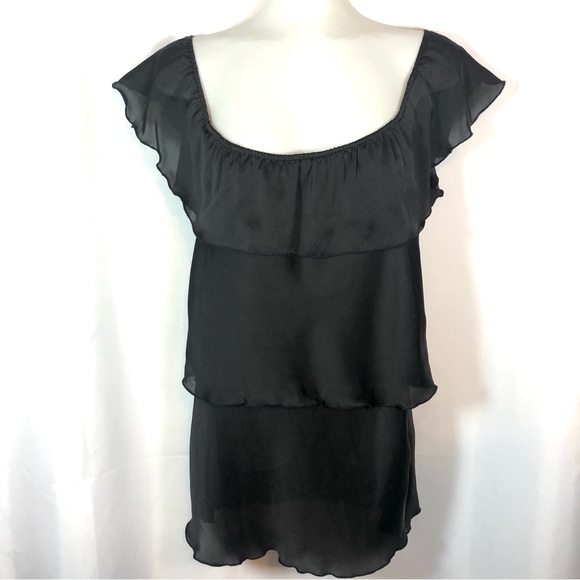 ESSENTIALS by MILANO Y2K Black Satin Chiffon Tiered Ruffle Top - Picture 1 of 8